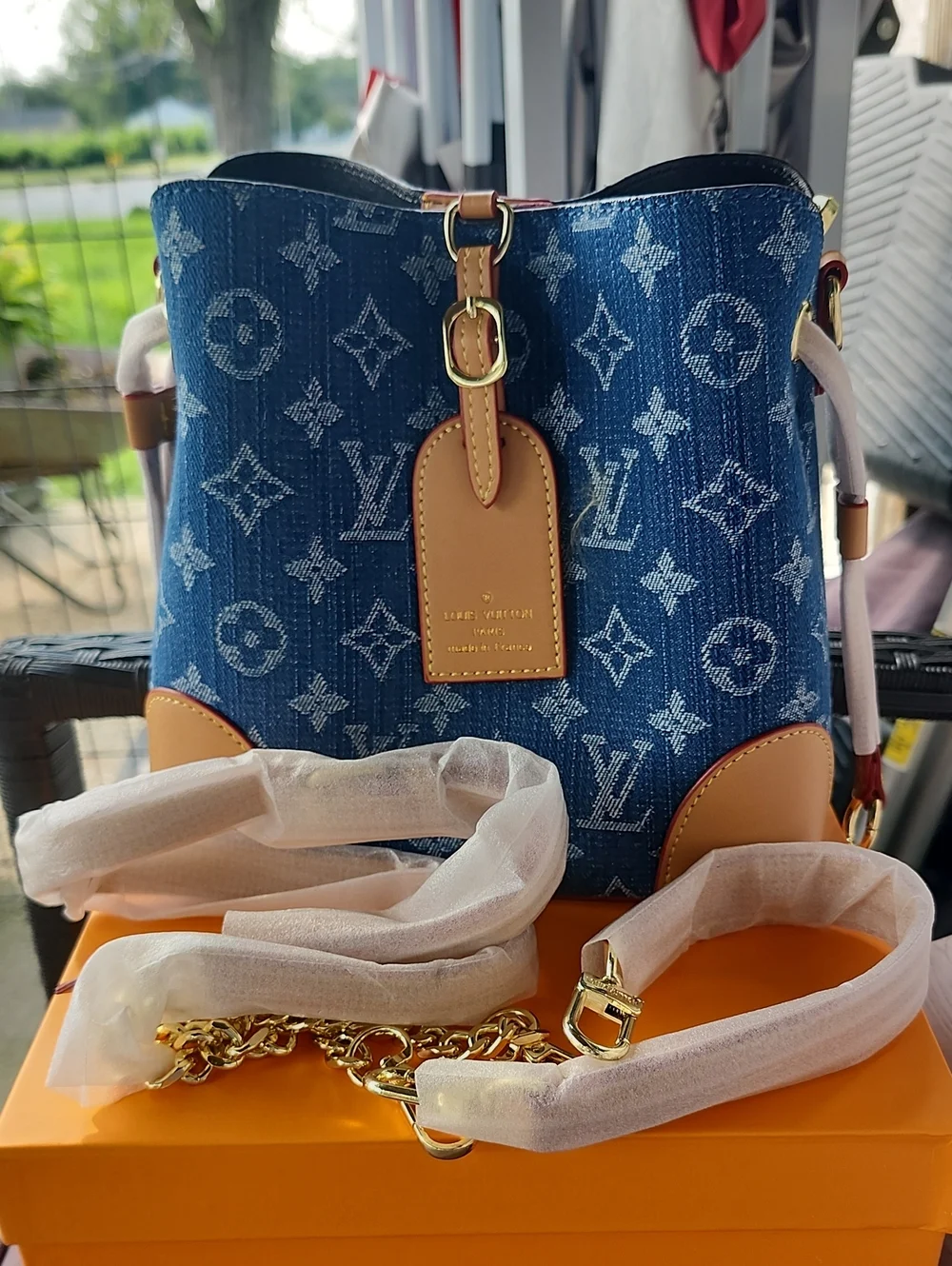 Blue Monogram Denim Bucket Shoulder Bag with Tan Trim